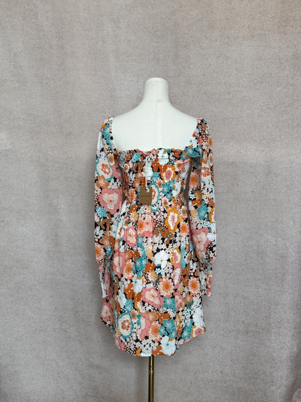 Blu Pepper Smocked Bodice Multi-Color Floral Square-Neck Mini Dress With Liner - Picture 4 of 5